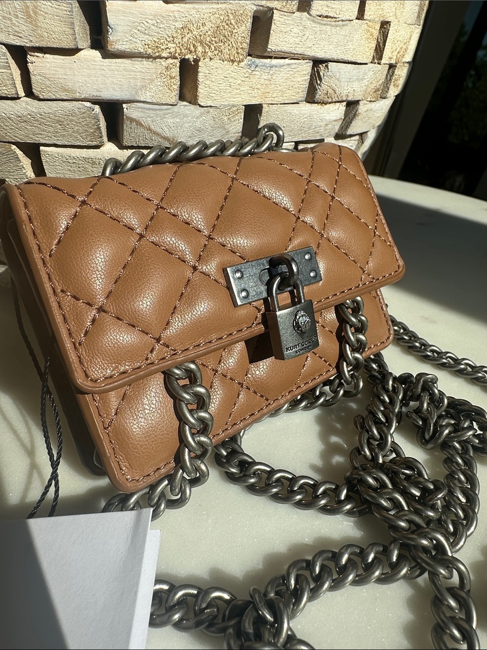 Kurt Geiger Tan Quilted Leather Crossbody with Silver Chain